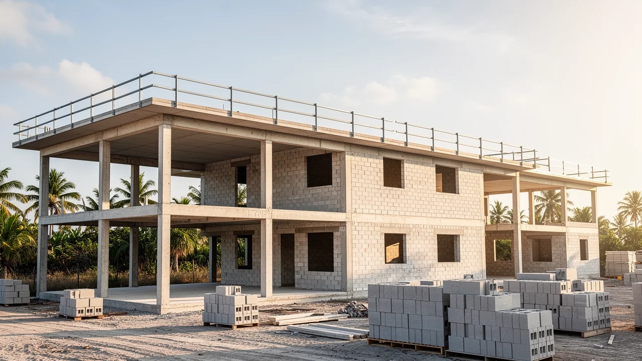 Conceptual residential construction shell showing concrete and masonry